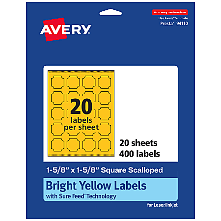 Avery® Print-To-The-Edge Labels With Sure Feed® Technology, 94110-BYP20, Square Scalloped, 1-5/8" x 1-5/8", Matte Bright Yellow, Pack of 400