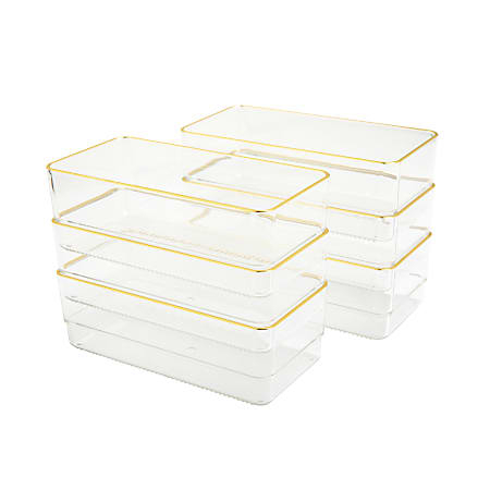 Martha Stewart Kerry Plastic Stackable Office Desk Drawer Organizers, 2"H x 3"W x 6"D, Clear/Gold Trim, Pack Of 6 Organizers