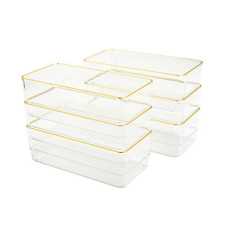 Martha Stewart Kerry Plastic Stackable Office Desk Drawer Organizers, 2H x  3W x 6D, Clear/Gold Trim, Pack Of 6 Organizers