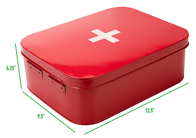 Mind Reader First Aid Box Emergency Kit Metal Medical Supply Organizer Wall  Mountable, 4-1/4H x 9-1/4W x 12-1/4D, Red