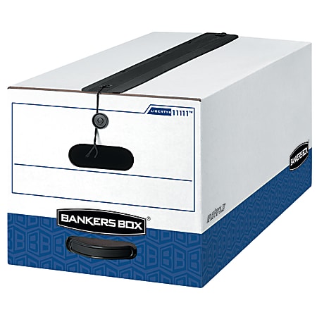 Bankers Box® Liberty® Plus Heavy-Duty Storage Boxes With String & Button Closures And Built-In Handles, Letter Size, 24" x 12" x 10", 60% Recycled, White/Blue, Case Of 12