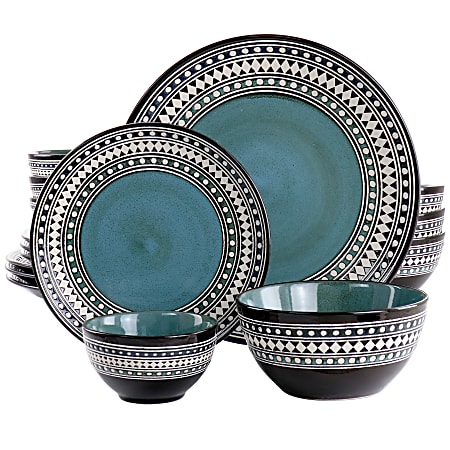 Elama Double Bowl Stoneware Dinnerware Set, Blue Sage, Set Of 16 Pieces