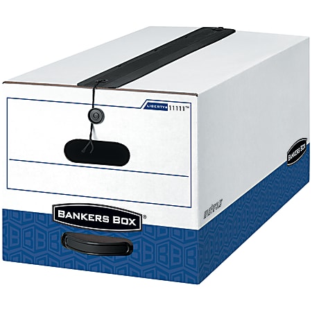 Bankers Box® Liberty® Plus FastFold® Heavy-Duty Storage Boxes With Locking Lift-Off Lids And Built-In Handles, Legal Size, 24" x 15" x 10", 60% Recycled, White/Blue, Case Of 12