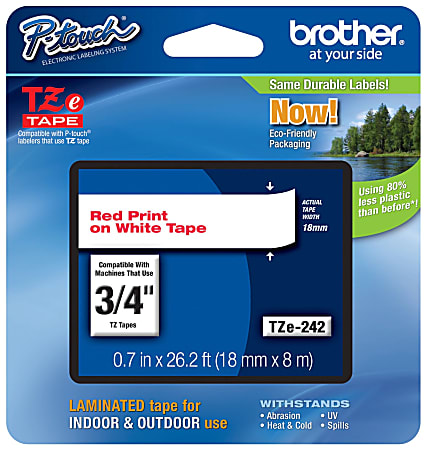 Brother P-touch TZe242, Laminated, 3/4" x 26.2 ft (18mm x 8m), Red on White Label Tape