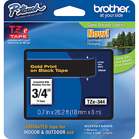 Brother P-Touch TZe344, Laminated, ~3/4in x 26.2ft (18mm x 8m), Gold on Black Label Tape