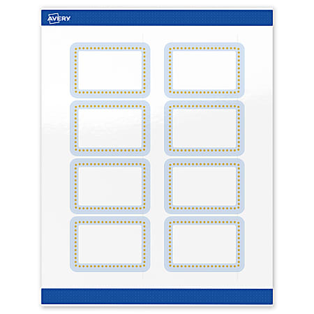 Avery® Print-To-The-Edge Labels & Sure Feed®, S00-DMB-PRWGP10, 2"x3", Glossy White, Preprinted Blue Border & Gold Dots Design, Pack Of 80