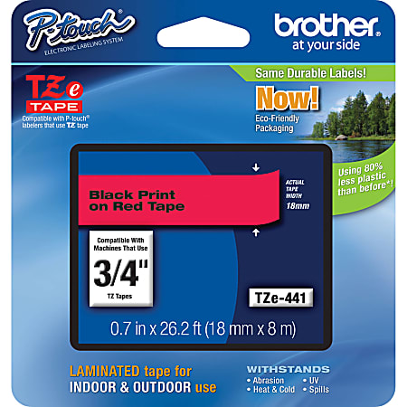 Brother P-Touch TZe441, Laminated, ~3/4in x 26.2ft (18mm x 8m), Black on Red Label Tape