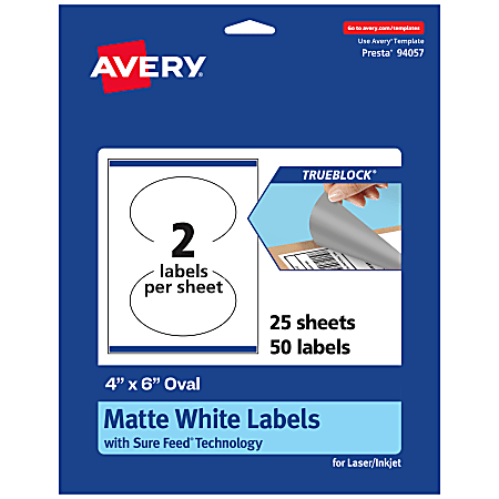 Avery® Print-To-The-Edge TrueBlock® Labels With Sure Feed®, 94057-TWMP25, Oval, 4" x 6", Matte White, Pack Of 50
