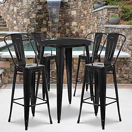Flash Furniture Commercial-Grade Round Metal Bar Table Set With 4 Café Stools, 41" x 30", Black