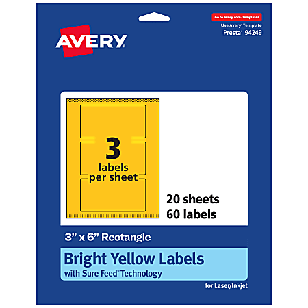 Avery® Print-To-The-Edge Labels With Sure Feed® Technology, 94249-BYP20, Rectangle, 3" x 6", Matte Bright Yellow, Pack of 60