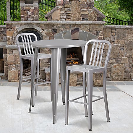 Flash Furniture Commercial-Grade Round Metal Indoor/Outdoor Bar Table Set With 2 Vertical Slat-Back Stools, Silver