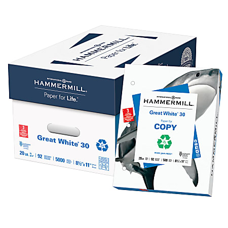 Hammermill® Great White® 3-Hole Punched Copy Paper, White, Letter (8.5" x 11"), 5000 Sheets Per Case, 20 Lb, 92 Brightness, 30% Recycled