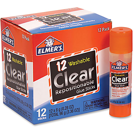 Elmer's Clear Repositionable Glue Sticks - 0.28 oz - 12 / Box - Clear