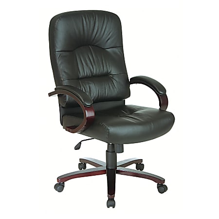 Office Star™ High-Back Leather And Wood Chair, 44"H x 26"W x 19 1/2"D, Mahogany Frame, Black Leather