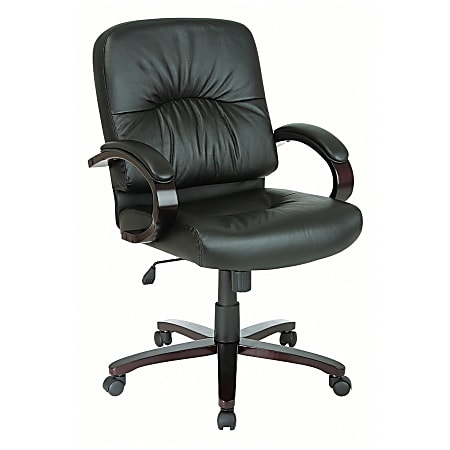 Office Star™ Mid-Back Leather And Wood Chair, 42 1/4"H x 26 1/2"W x 28 3/4"D, Mahogany Frame, Black Leather