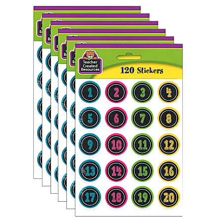 Teacher Created Resources® Stickers, Chalkboard Brights Numbers, 120 Stickers Per Pack, Set Of 6 Packs