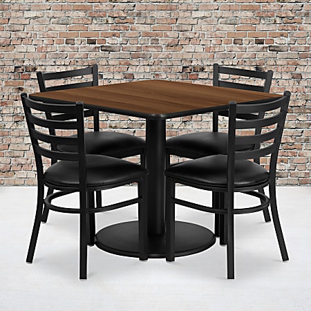 Flash Furniture Square Laminate Table Set With Round Base And 4 Ladder Back Metal Chairs, 30"H x 36"W x 36"D, Walnut/Black
