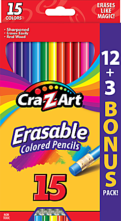 Cra-Z-Art Erasable Colored Pencils, Assorted Colors, Pack Of 15 Pencils
