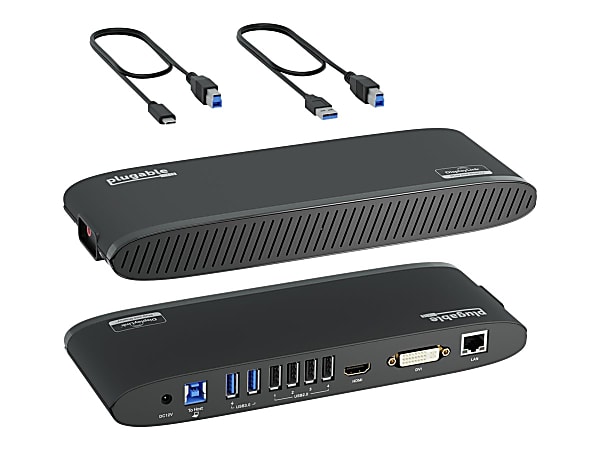 Plugable USB 3.0 Universal Laptop Docking Station for Windows (Dual Monitor: HDMI and DVI/HDMI/VGA, Gigabit Ethernet, Audio, 6 USB Ports) - Horizontal - for Notebook/Desktop PC - USB 3.0 - 6 x USB Ports