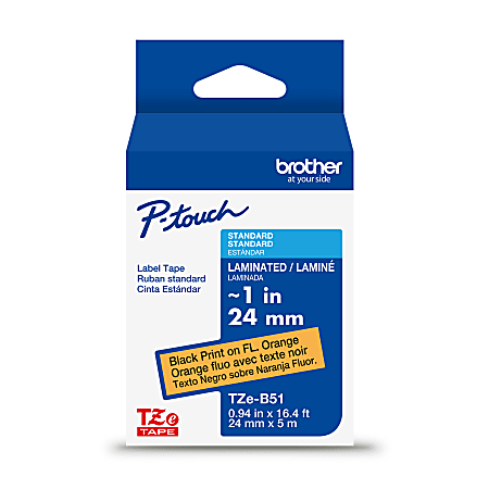 Brother P-Touch TZeB51, Laminated, ~1in x 16.4ft (24mm x 5m), Black on Fluorescent Orange Label Tape
