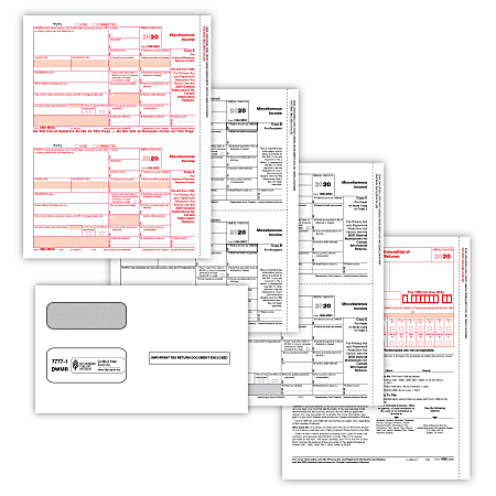 ComplyRight 1099-MISC Tax Forms, 5-Part, 2-Up, Copies A/B/C, Laser, 8-1/2" x 11", Pack Of 100 Forms And Envelopes