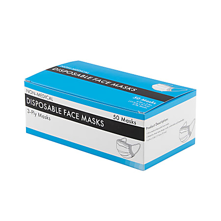 Non-Medical 3-Ply Pleated Disposable Face Masks, One Size, Blue, Pack Of 50