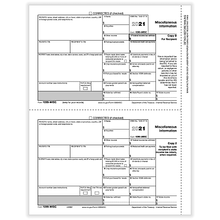 ComplyRight™ 1099-MISC Tax Forms, Recipient Copies B/2, 2-Up, Laser, 8-1/2" x 11", Pack Of 50 Forms