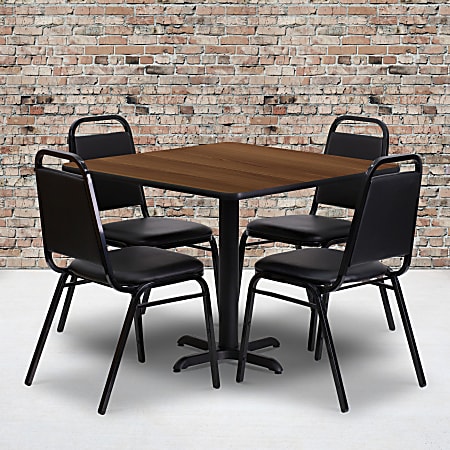 Flash Furniture Square Table Set With 4 Trapezoidal-Back Banquet Chairs, 30"H x 36"W x 36"D, Walnut/Black