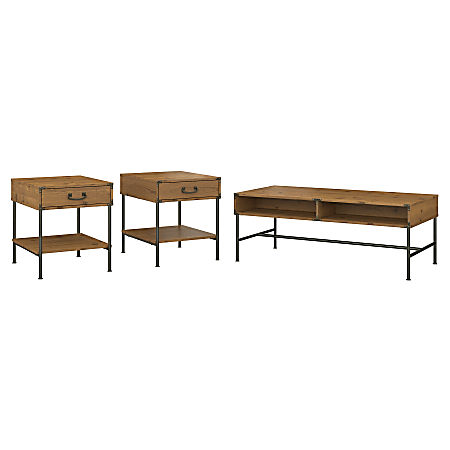 kathy ireland® Home by Bush Furniture Ironworks Coffee Table and Set of 2 End Tables, Vintage Golden Pine, Standard Delivery