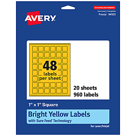 Avery® Print-To-The-Edge Labels With Sure Feed® Technology And Easy Peel®, 94103-BYP20, Square, 1" x 1", Matte Bright Yellow, Pack of 960