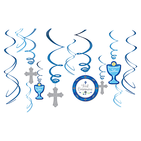 Amscan Religious Communion Day Foil Swirl Decorations, Blue, 12 Decorations Per Pack, Set Of 3 Packs