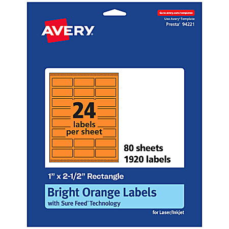 Avery® Printable Labels With Sure Feed® Technology, 94221-BOP80, Rectangle, 1" x 2-1/2", Matte Bright Orange, Pack of 1920