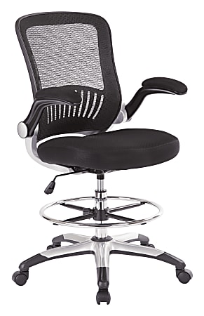Office Star Mesh Back Drafting Chair With Mesh Seat, Adjustable Foot Ring And Padded Flip Arms, Black/Silver