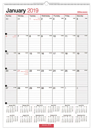 Office Depot® Brand Monthly Wall Calendar, 12" x 17", White, January to December 2019