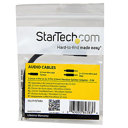 StarTech.com 3.5mm 4 Position To 2 x 3 Position 3.5mm Headset Splitter  Adapter - Office Depot