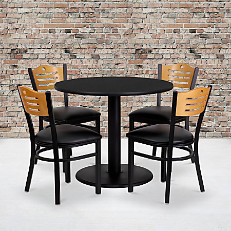 Flash Furniture Round Laminate Table Set With 4 Wood Slat-Back Metal Chairs, 30"H x 36"W x 36"D, Black