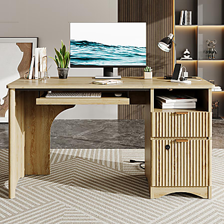 Bestier 63" Executive Office Desk with Fluted Details and Curved Edges, Natural Oak