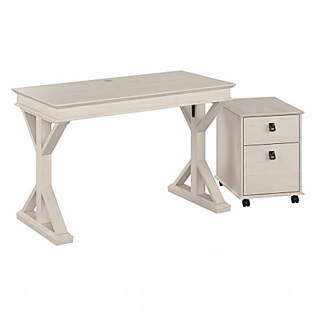 Bush® Furniture Homestead 48"W Farmhouse Writing Desk With Mobile File Cabinet, Linen White Oak, Standard Delivery