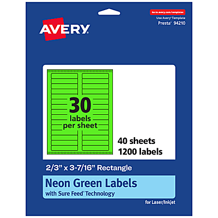 Avery® Printable Labels With Sure Feed® Technology, 94210-NGP40, Rectangle, 2/3" x 3-7/16", Matte Neon Green, Pack of 1200