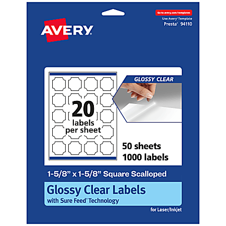 Avery® Glossy Permanent Labels With Sure Feed®, 94110-CGF50, Square Scalloped, 1-5/8" x 1-5/8", Clear, Pack Of 1,000