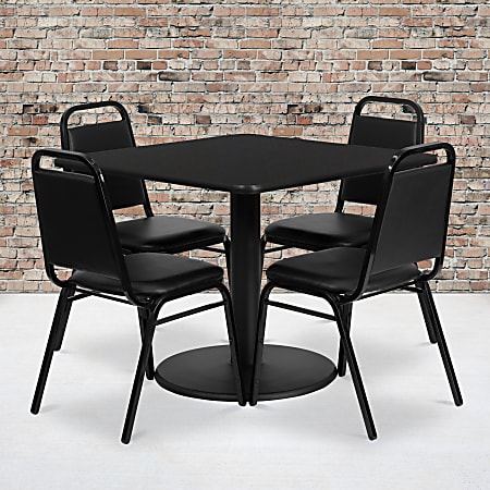 Flash Furniture Square Laminate Table Set With Round Base And 4 Trapezoidal Back Banquet Chairs, 30"H x 36"W x 36"D, Black