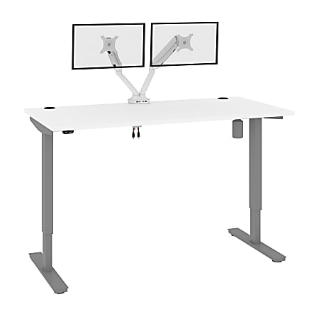 Bestar Upstand Electric 60"W Standing Desk With Dual Monitor Arm, White