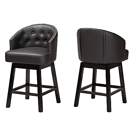 Baxton Studio Theron Faux Leather Swivel Counter-Height Stools With Backs, Dark Brown/Espresso Brown, Set Of 2 Stools