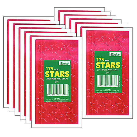 Eureka Presto-Stick Foil Star Stickers, 3/4", Red, 175 Stickers Per Pack, Set Of 12 Packs