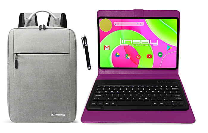 Linsay Octa Core Wi-Fi Tablet, 12”, 8GB Memory, 256GB Storage, Android 14, With Purple Keyboard Case, Compact Backpack And Pen Stylus