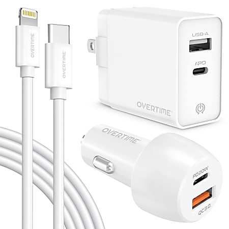Overtime Wall And Car Charger Kit, 6', White, OHC6IC