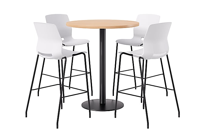 KFI Studios Proof Bistro Round Pedestal Table With Imme Barstools, 4 Barstools, 42", Maple/Black/White Stools