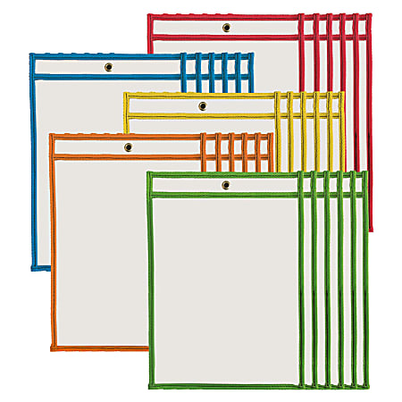 Charles Leonard Non-Magnetic Dry-Erase Pockets, 9" x 12", Assorted Colors, Set Of 30 Pockets