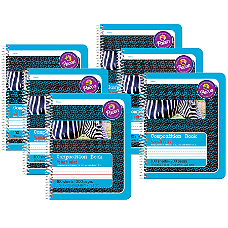 Pacon® Primary Composition Books, 7-1/2" x 9-3/4", 1/2" Ruled, 200 Pages (100 Sheets), Blue/Zebra, Pack Of 6 Notebooks