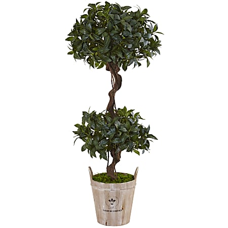 Nearly Natural 4-1/2'H Sweet Bay Double Topiary Artificial Tree With Farmhouse Planter, 54"H x 22"W x 22"D, Brown/Green